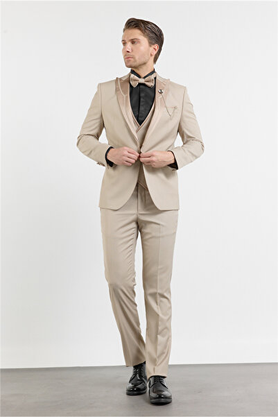 İmza Bej Kılıç Yaka Çift Yırtmaç Esnek 6 Drop Slim Fit Damatlık Takım Elbise ...