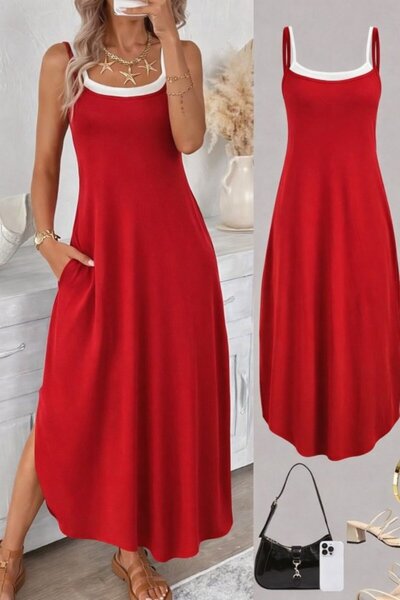 civetta Women's Rope Strap Round Neck Long Viscose Dress with Pockets