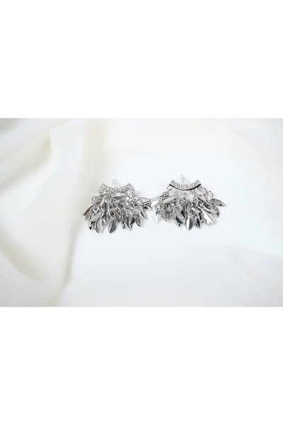 ATELİER TUĞBA Bkp114 Silver Color Leaf Shape Stone Earrings (Length 30 mm)