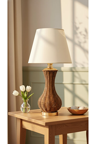 Decodelight Gold Ayak Kahverengi Hasır Rattan Örmeli Gövde Hazeran ve Kumaş Ş...