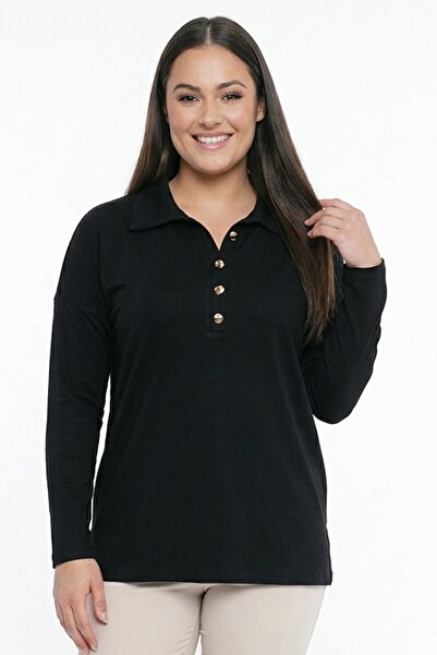 By Saygı Women's Gold Buttoned Collar Large Size Stretch Fabric Blouse