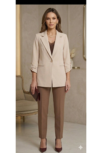 MODA Krem önden düğmeli kolları büzgülü astarsız belden oturtma A kalite blea...