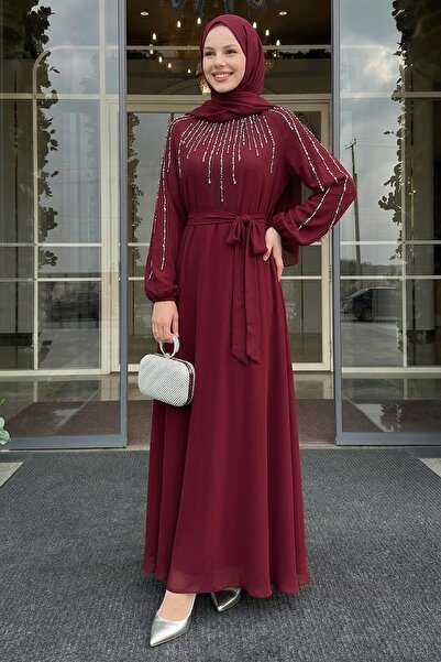 InStyle Burgundy Evening Dress with Stones on the Collar and Sleeves