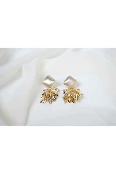 ATELİER TUĞBA Bkp115 Gold Color Satin Square Leaf Hanging Earrings (Length 35...