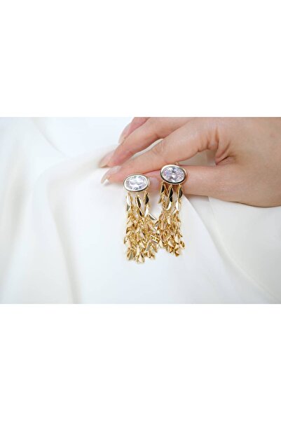 ATELİER TUĞBA Bkp118 Color Oval Stone Long Tassel Earrings (Length 60 mm)