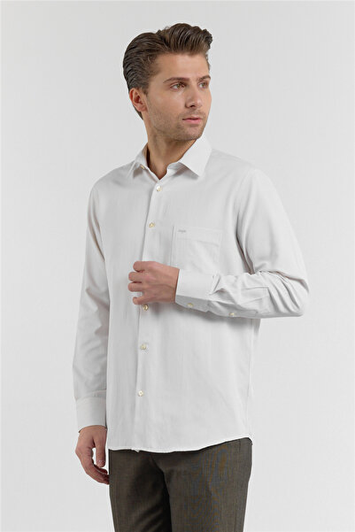 İmza Dark Beige Striped Pattern Hard Collar Long Sleeve Pocketed Comfort Fit ...