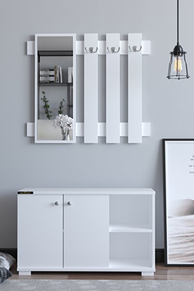 ROYALGROSS Pera Aynalı Vestiyer Ayakkabılık Portmanto Ve Duvar Askısı - Beyaz...