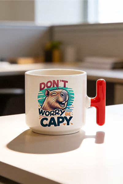 BB TRADE كوب سيراميك مطبوع بتصميم Worry Be Cappy مع مقبض على شكل حرف T باللون...