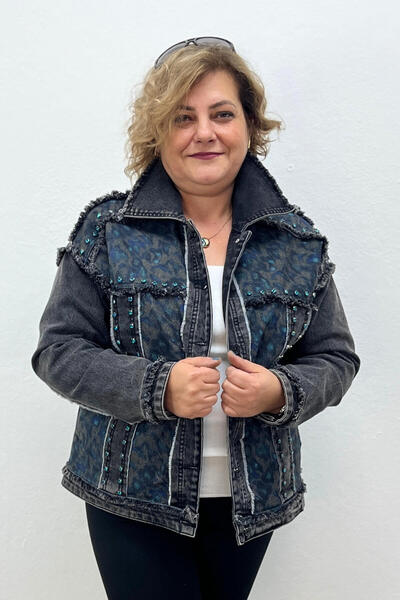 Mia Butik Women's Stone Detailed Patterned Denim Jacket – Navy Blue Black