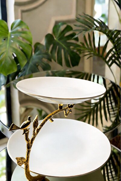 Elta Collection Gold Kuş Detaylı 2 Katlı Porselen Sunumluk Şık Servis Tabağı,...