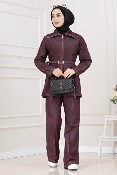 Sevitli Zip Detail Two-Piece Denim Set-Bordo
