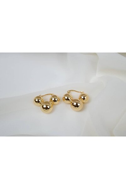 ATELİER TUĞBA Bkp139 Three Ball Detail Gold Hoop Earrings (Length 20 mm)