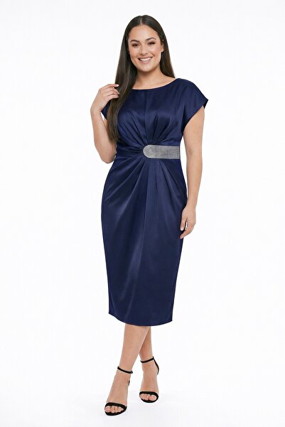 By Saygı Women's Draped Plus Size Satin Midi Dress with Stone Waistband