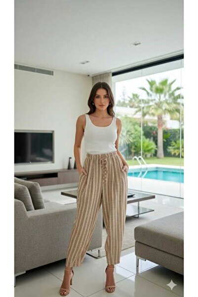 newmisal Women's Linen Fabric Striped Carrot Shalwar Pants