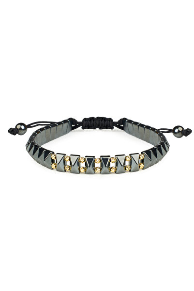 One Gold Bracelet with 14 beads 14K Gold "585" and Hematite, adjustable