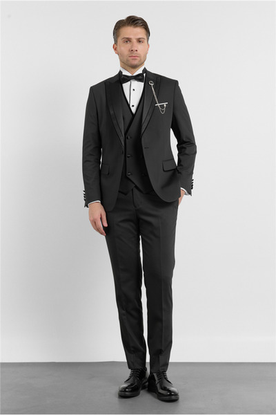İmza Siyah Kılıç Yaka Düz Desen 6 Drop Slim Fit Esnek Yelekli Takım Elbise 10...