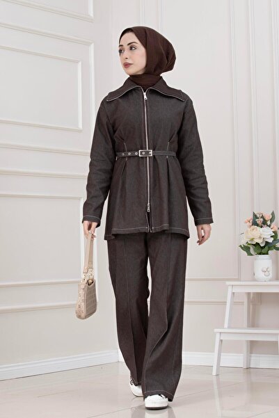 Sevitli Zip Detail Two-Piece Denim Set - Brown