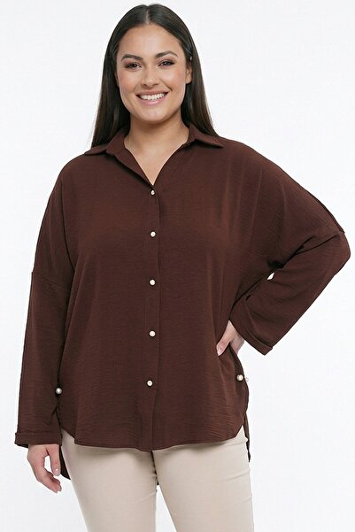 By Saygı Women's Pearl Detailed Large Size Ayrobin L Stretch Fabric Shirt