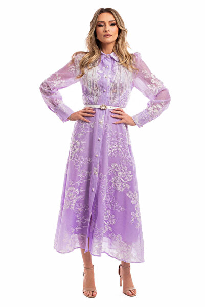 Miyu Lilac Embroidered Organza Dress with Applications