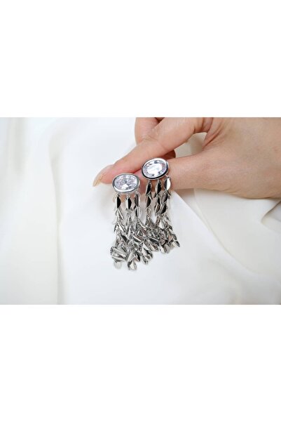 ATELİER TUĞBA Bkp118 Color Oval Stone Long Tassel Earrings (Length 60 mm)