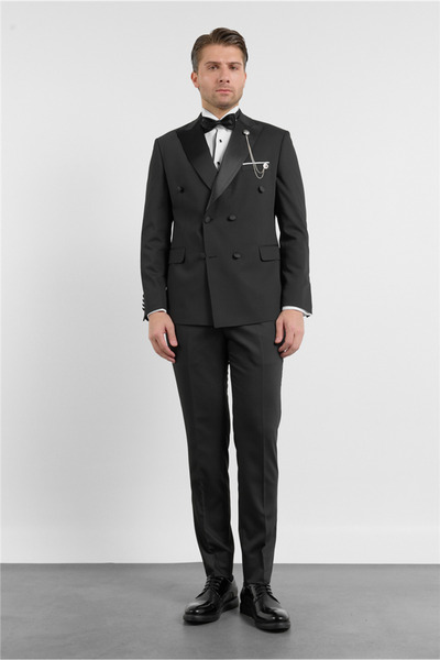 İmza Siyah Kılıç Yaka Düz Desen 6 Drop Slim Fit Esnek Takım Elbise 1001260203