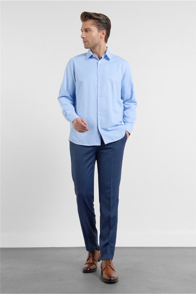 İmza Blue Hard Collar Long Sleeve Pocketless Comfort Fit Cotton Shirt 1004255914