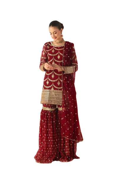 MYSMAR طقم جورجيت صناعي بلون خمري مكون من بلوزة وبنطال وشال - FFT6785 - خمري