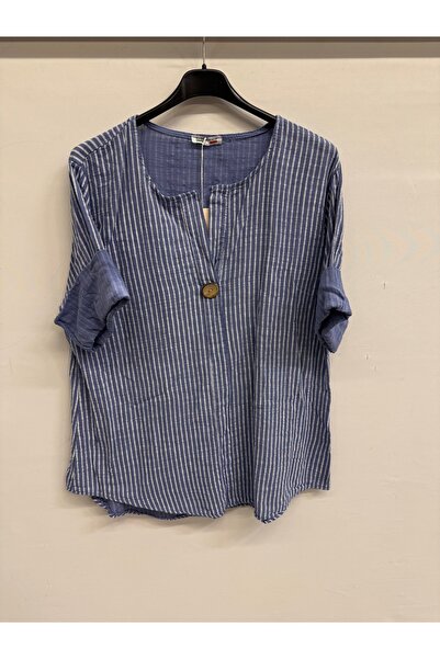 della moor Women's Blue Italian Line D Patterned Half Sleeve Open Collar O Ov...