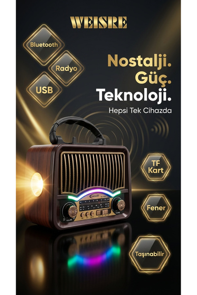 Weisre Retro Taşınabilir Radyo Bluetooth USB TF LED Fenerli Şarjlı Çok Fonksiyonlu Hoparlör