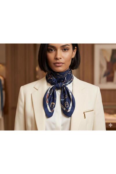 MAESTRO WOMAN Γυναικείο μεταξωτό σατέν φουλάρι με μπλε ναυτικό σχέδιο 70x70