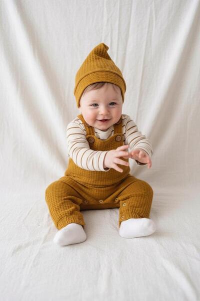MiaBaby Stretch Fabric Gofre Salopet Sweat Beanie 3-Piece Set