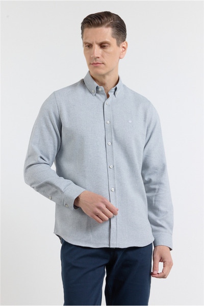 İmza Blue - White Buttoned Collar Long Sleeve Pocketless Slim Fit Cotton Pack...