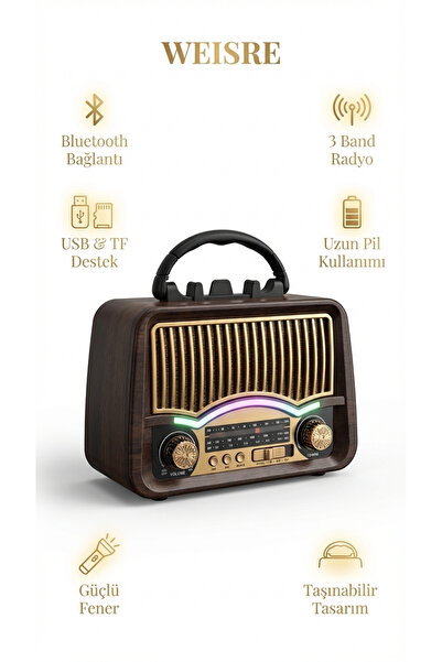 Weisre Retro Taşınabilir Radyo Bluetooth USB TF LED Fenerli Şarjlı Çok Fonksi...