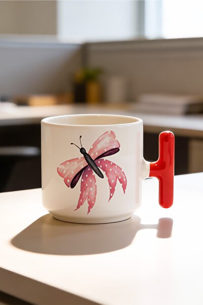 BB TRADE Butterfly Design Red t Handle Ceramic Printed Mug Cup 250 ml