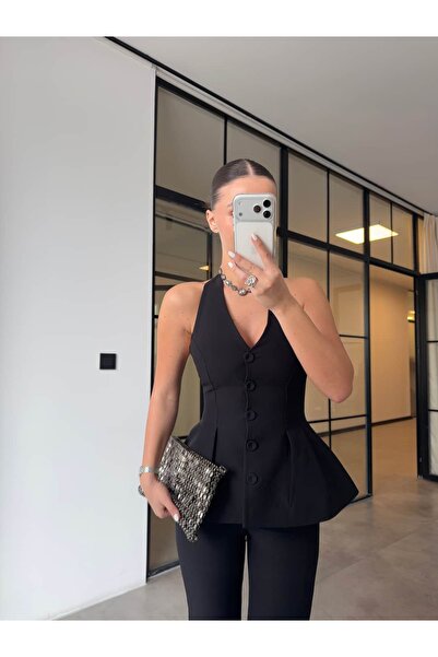 BB Bensu Buyruk Halter Neck Li Vest Pants Suit Black