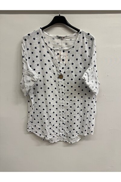 della moor Women's White Italian P Polka Dot Pattern Half Sleeve Open Collar ...