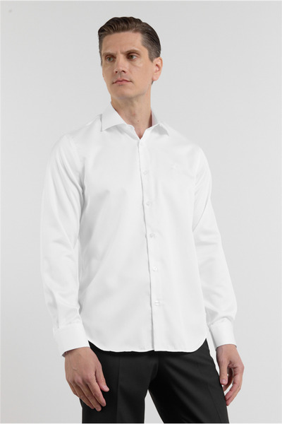 İmza White Satin Italian Collar Long Sleeve Pocketless S Slim Fit 100% P Cott...