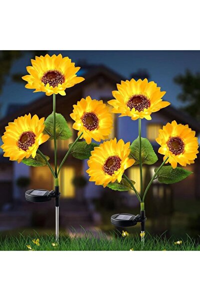 gaman 2 Adet Güneş Enerjili LED Ayçiçeği Bahçe Lambası-Dekoratif 3 Çiçekli Ba...
