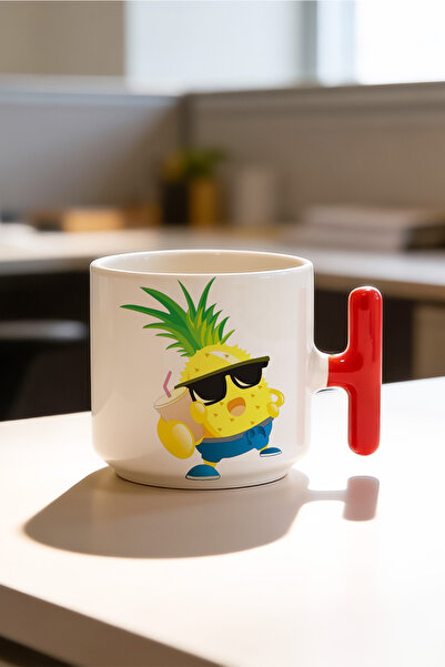 BB TRADE Pineapple Drink Design Red t Handle Ceramic B Printed Mug Cup 250 ml