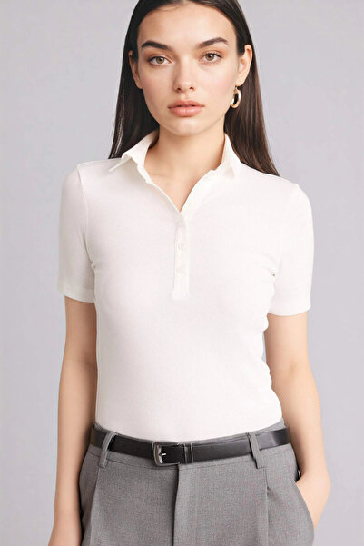 DeFacto C6249Axwt32 White Slim Fit Polo Collar Corded Fabric Ribbed Knit T-Shirt