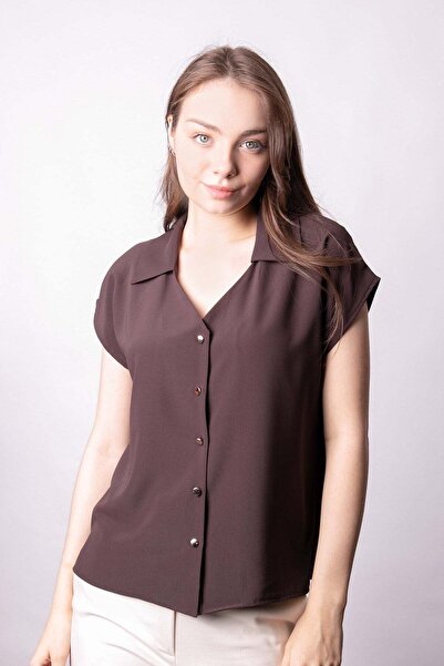 Jument قميص نسائي كريب من القماش بأكتاف منسدلة بياقة على شكل حرف V وأكمام قصي...