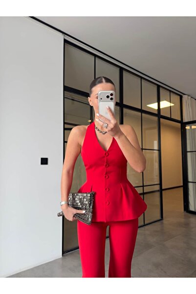 BB Bensu Buyruk HALTER YAKALI YELEK PANTOLON TAKIM KIRMIZI