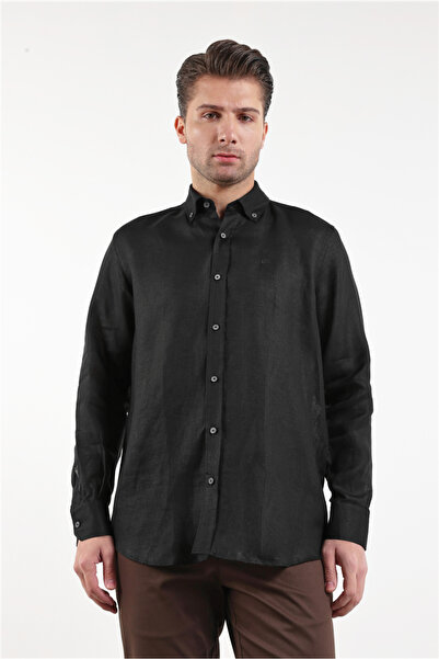 İmza Μακρυμάνικο μονόχρωμο λινό πουκάμισο με γιακά χωρίς τσέπη Casual Comfort...