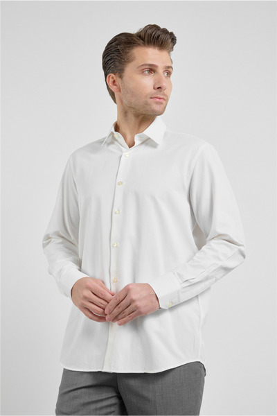 İmza Κρεμ Χρώμα Σκληρό Γιακά Μακρυμάνικο Χωρίς Τσέπες Comfort Fit Πουκάμισο Β...