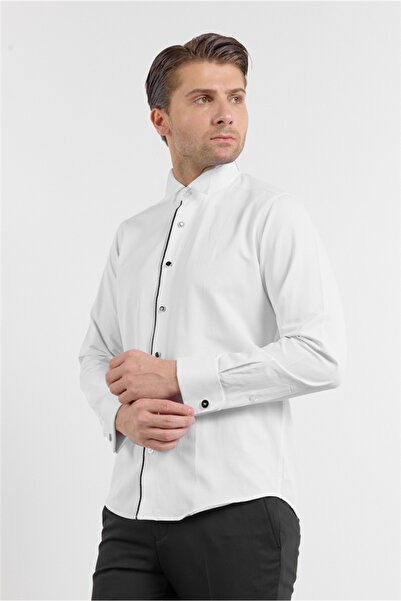 İmza White Long Sleeve Stand Collar Plain Cotton Pack Slim Fit Shirts 1004260215