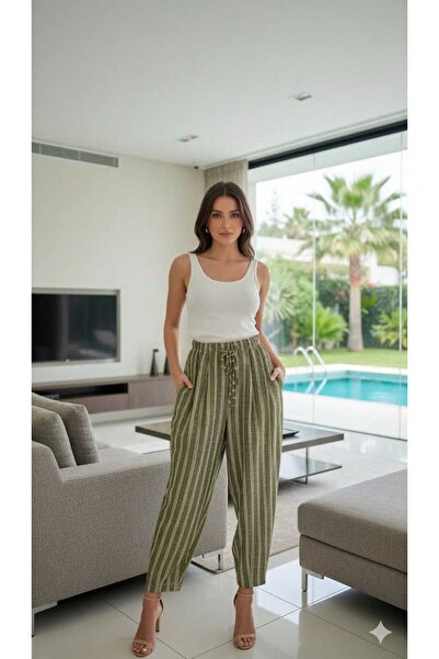 newmisal Women's Linen Fabric Striped Carrot Shalwar Pants