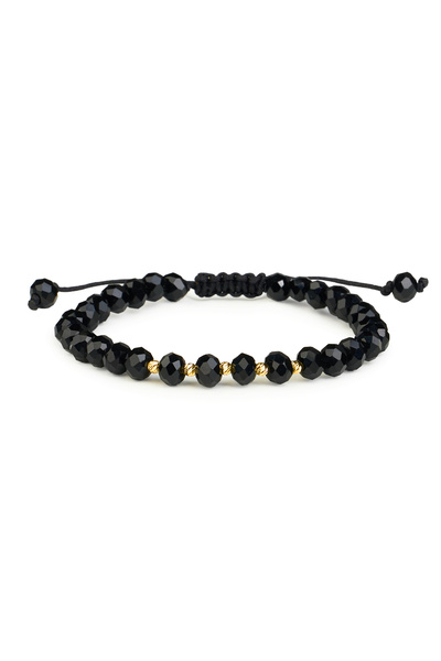 One Gold Bracelet with 5 beads 14K Gold "585" and Black Crystals, adjustable