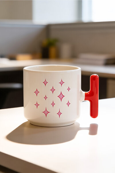 BB TRADE Pink Pattern Design Red T-Handle Ceramic Printed Mug Cup 250 ml