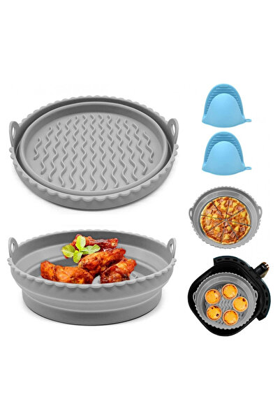 OEM Set 4 piese, 2 cosuri din silicon pentru friteuza si 2 manusi, diametru 21 cm, gri, albastru
