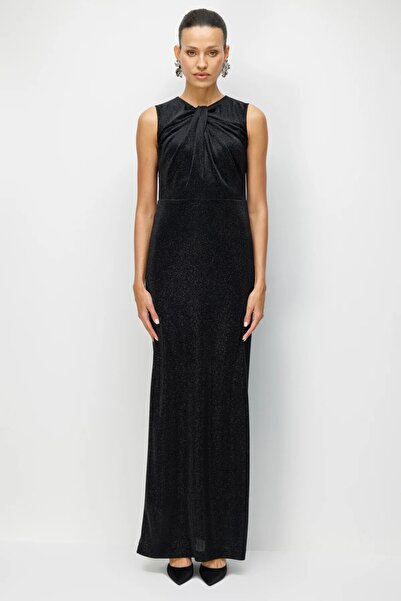 Ekol Büzgü Detaylı Sırt Dekolteli Simli Elbise 6094